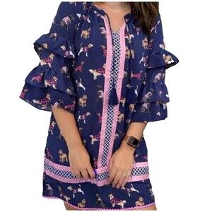 Simply Southern Women’s Small Bell Sleeve Dress Navy Dog Print Tassel Boho